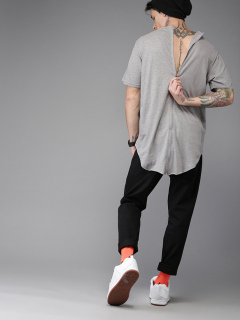 

Moda Rapido Men Grey Melange Solid Round Neck Longline Pure Cotton T-shirt