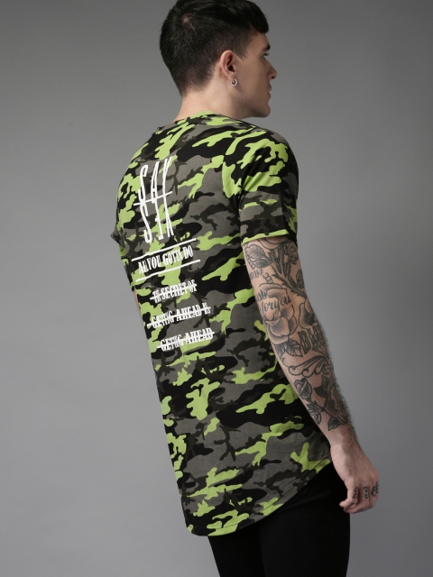 

Moda Rapido Men Charcoal Grey Black Printed Longline Pure Cotton T-shirt