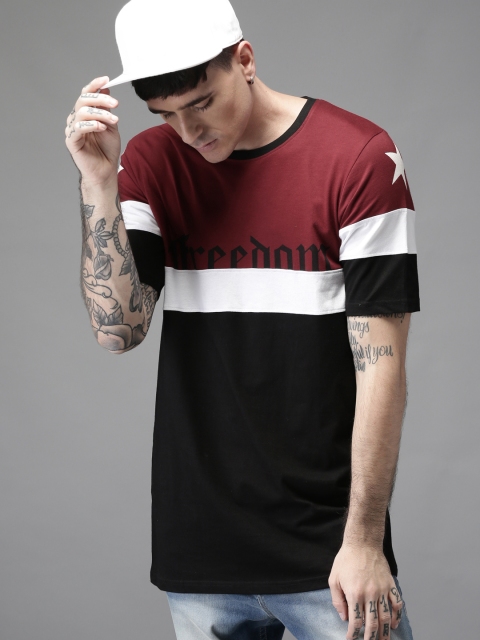 

Moda Rapido Men Black & Maroon Colourblocked Round Neck Longline T-shirt, Na
