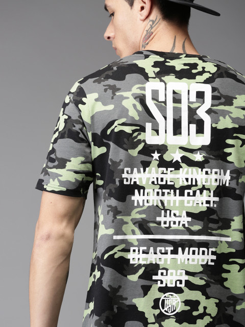 

Moda Rapido Men Black & Grey Camouflage Print Round Neck Longline T-shirt