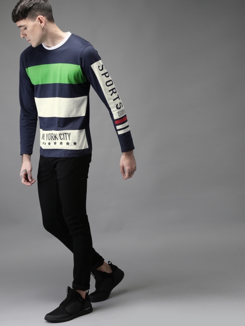

Moda Rapido Men Navy Blue White Striped Round Neck Pure Cotton T-shirt
