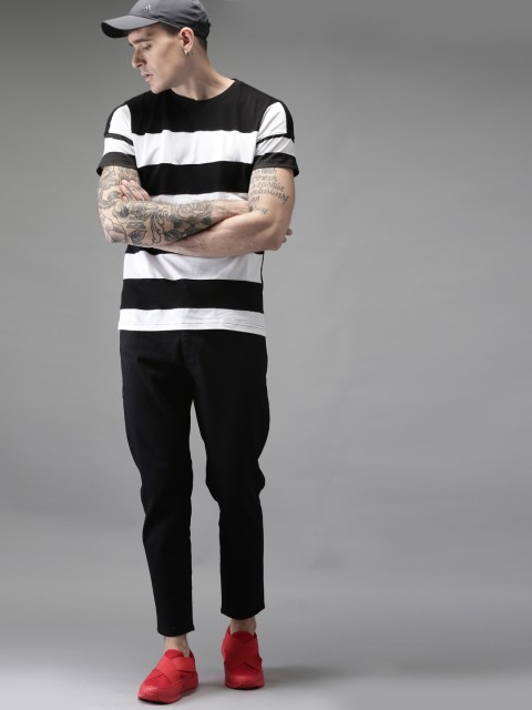 

Moda Rapido Men Black White Striped Round Neck Pure Cotton T-shirt