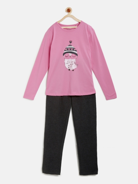 

Sweet Dreams Girls Pink & Charcoal Printed Night suit