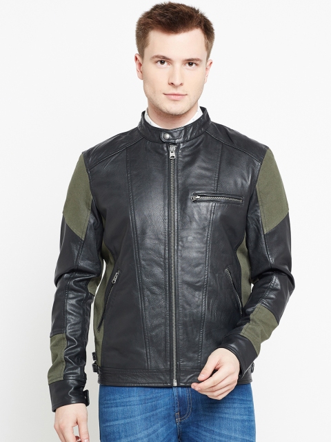 

Jack & Jones Men Black & Olive Green Colourblocked Biker Jacket