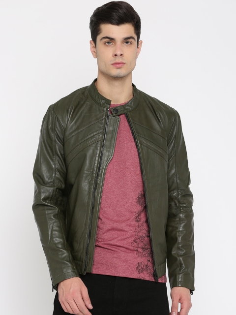 

Jack & Jones Men Olive Green Solid Biker Jacket