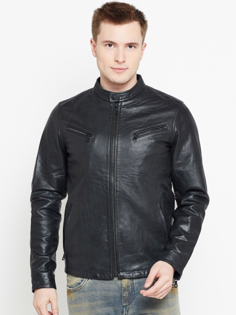 

Jack & Jones Men Black Solid Goat Leather Jacket