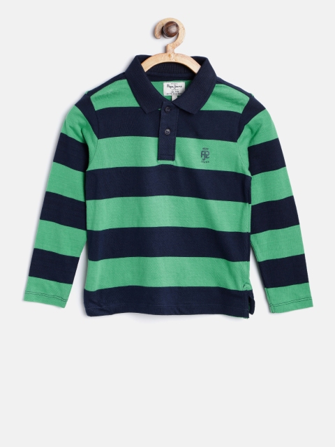 

Pepe Jeans Boys Navy Blue & Green HUDDER LS K Striped Polo Collar T-shirt