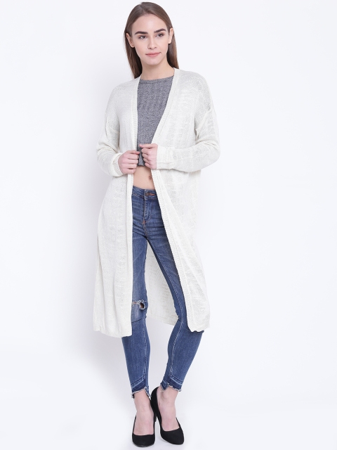 

FOREVER 21 Women Cream-Coloured Longline Front-Open Sweater