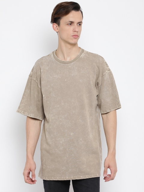 

FOREVER 21 Men Taupe Solid Round Neck T-shirt