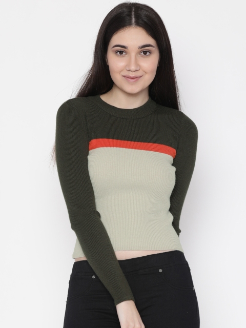 

FOREVER 21 Women Beige & Olive Green Self Design Pullover