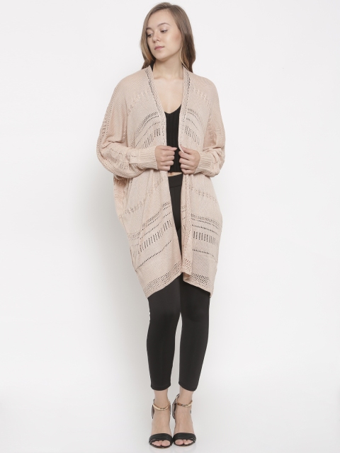 

FOREVER 21 Women Beige-Coloured Solid Longline Front-Open Cardigan