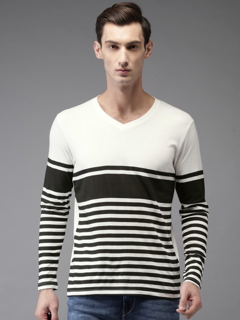 

HERE&NOW Men White & Black Striped V-Neck T-shirt