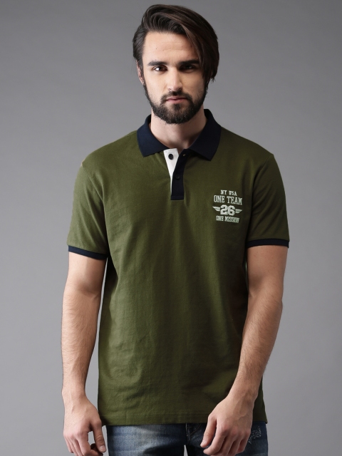 

HERE&NOW Men Olive Green Solid Polo Collar T-shirt