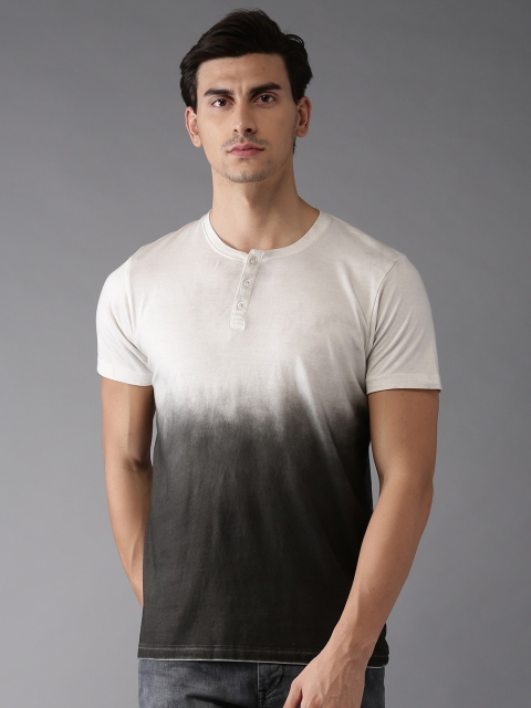 

HERE&NOW Men Off-White & Charcoal Grey Dyed Henley Neck T-shirt