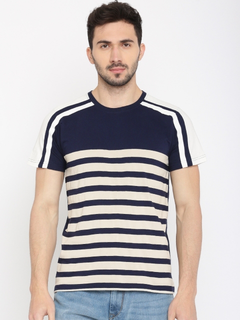 

HERE&NOW Men Navy & Beige Striped Round Neck T-shirt, Navy blue