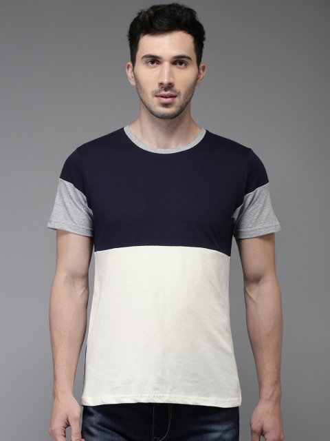 

HERE&NOW Men Navy Blue Colourblocked Round Neck T-shirt