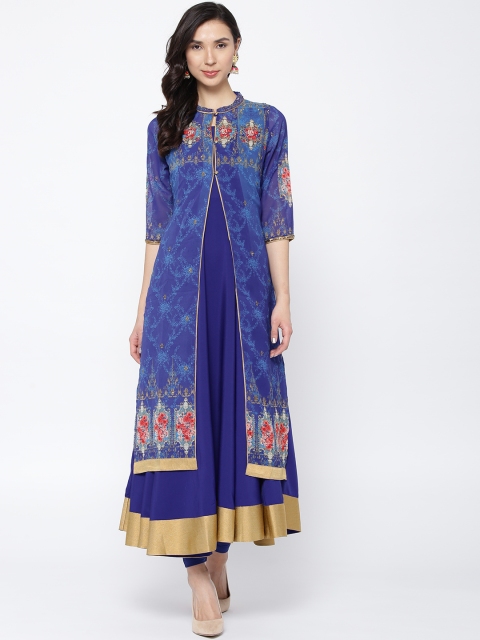 

AURELIA Women Blue Printed Layered Anarkali Kurta with Churidar