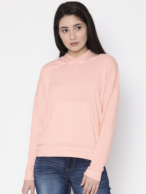 

FOREVER 21 Women Pink Solid Hooded Sweatshirt