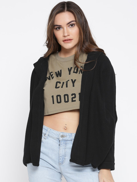 

FOREVER 21 Women Black Solid Front-Open Sweater