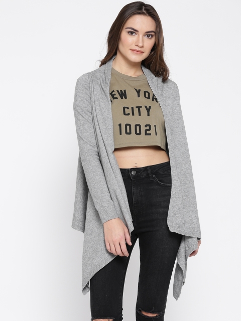 

FOREVER 21 Women Grey Melange Solid Front-Open Sweater