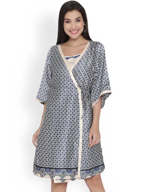 

Clovia Blue & Beige Printed Nightdress with Robe NS0943P08XL