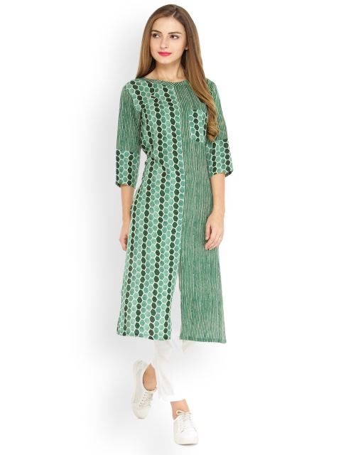 

Indibelle Women Green & Off-White Printed Kurta with Trousers
