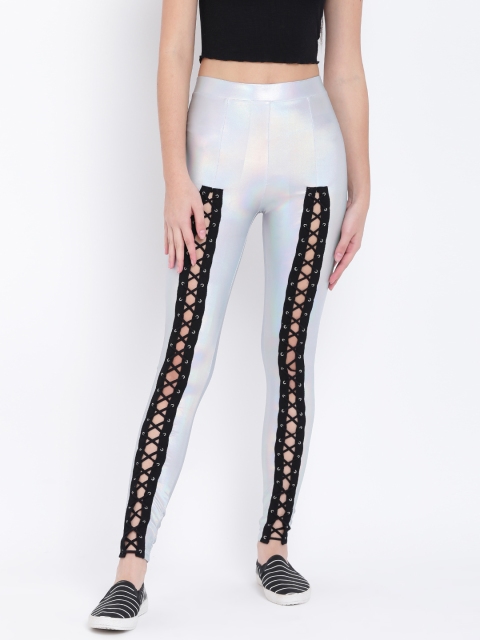 

FOREVER 21 Silver Treggings with Lace-Up Detail