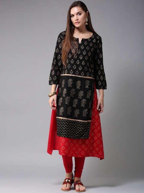 

Moda Rapido Women Black & Red Handblock Printed Layered A-Line Kurta