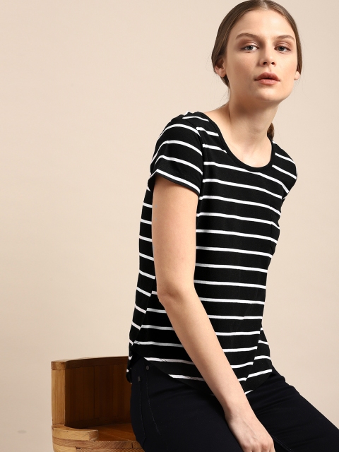 

ether Women Black White Striped Round Neck Pure Cotton T-shirt