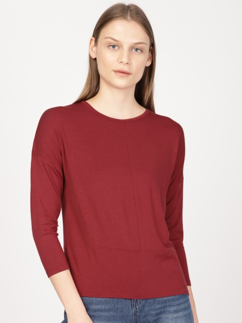

ether Women Maroon Solid Round Neck T-shirt