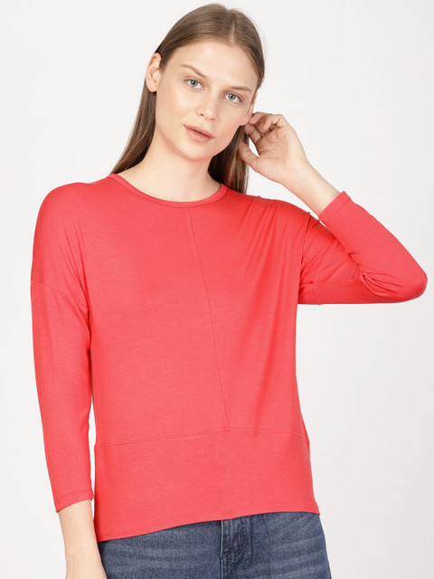 

ether Women Coral Pink Solid Round Neck T-shirt