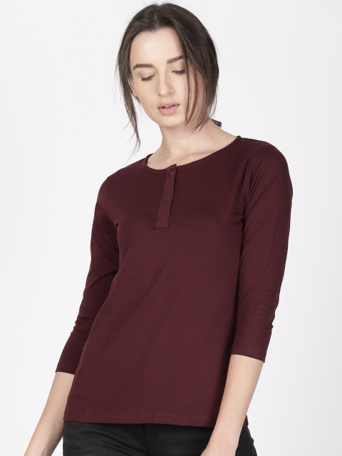 

ether Women Burgundy Solid Henley Neck T-shirt
