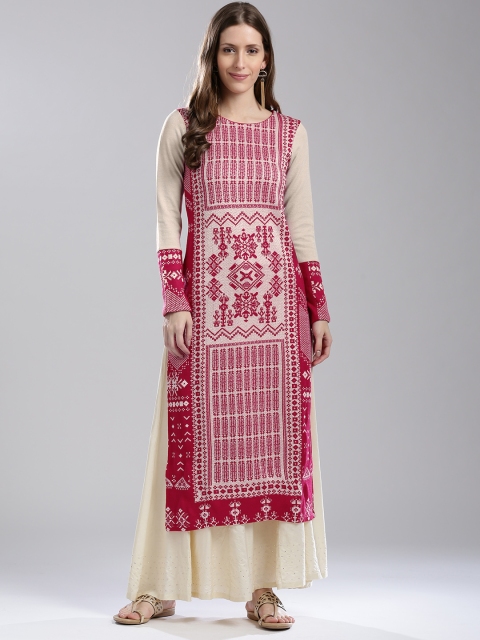 

W Women Pink & Beige Woven Design Straight Winter Kurta