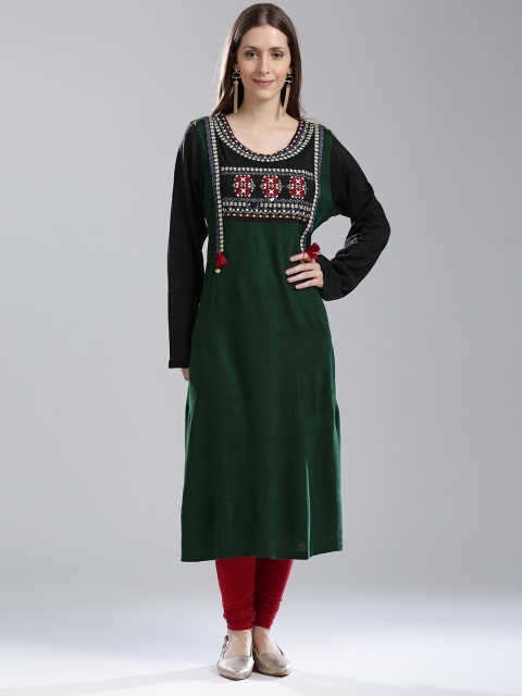 

W Women Green Embroidered Detail A-Line Kurta