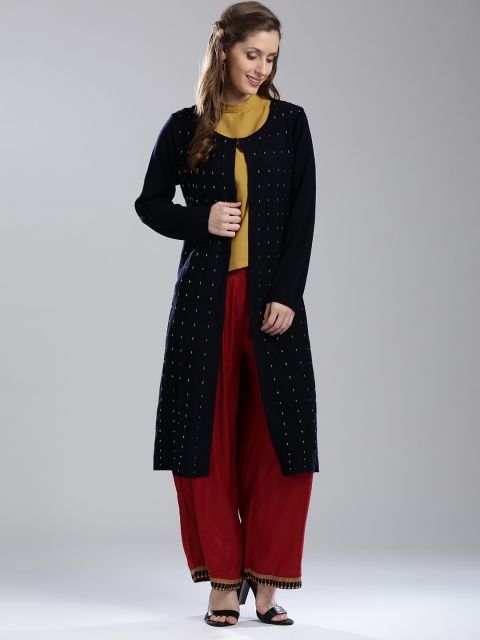 

W Women Navy Blue Self-Design Longline Cardigan