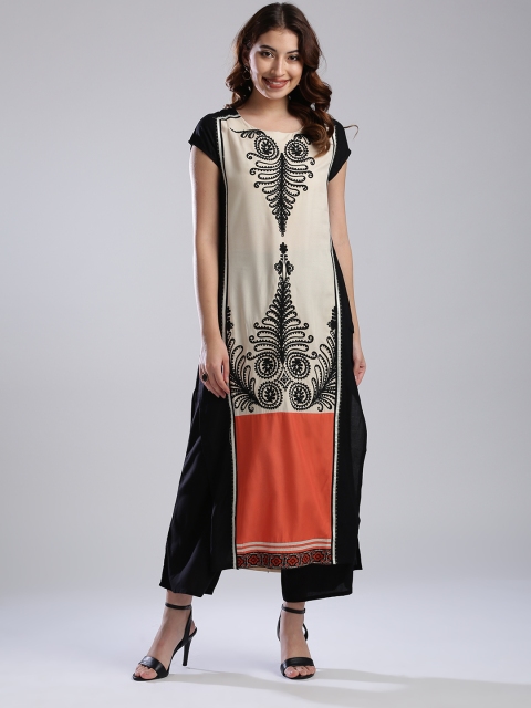 

W Women Cream-Coloured & Black Embroidered Straight Kurta