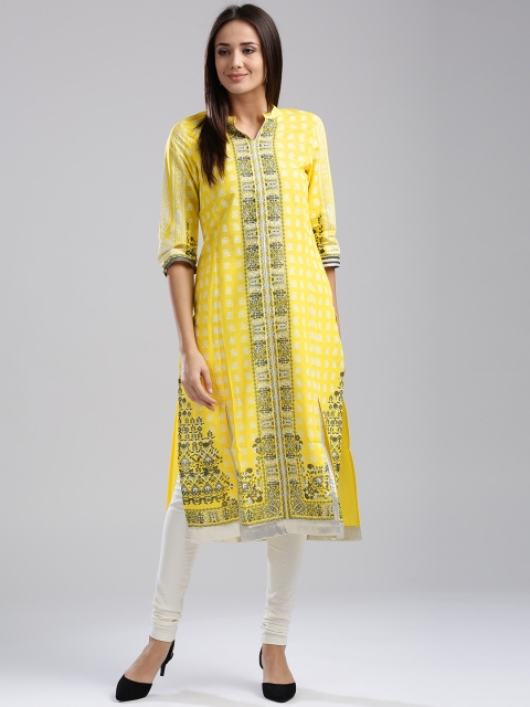 

W Women Yellow & White Printed Straight Kurta