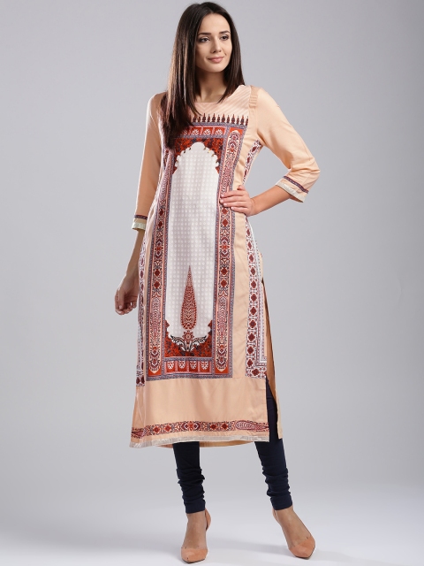 

W Women Peach-Coloured & White Printed Straight Kurta