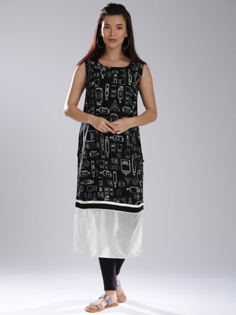 

W Women Black & Off-White Quirky Print Straight Kurta