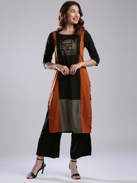 

W Women Rust Orange & Black Colourblocked Straight Kurta