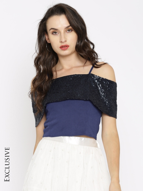 

SASSAFRAS Women Navy Embellished Top, Navy blue
