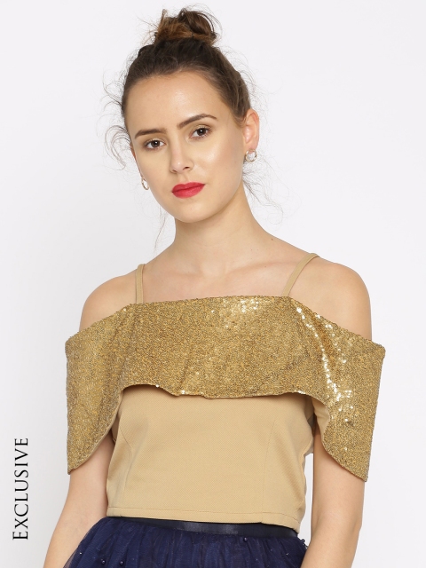 SASSAFRAS Women Gold-Toned Sequinned Cold-Shoulder Top SASSAFRAS Women Gold-Toned Sequinned Cold-Shoulder Top