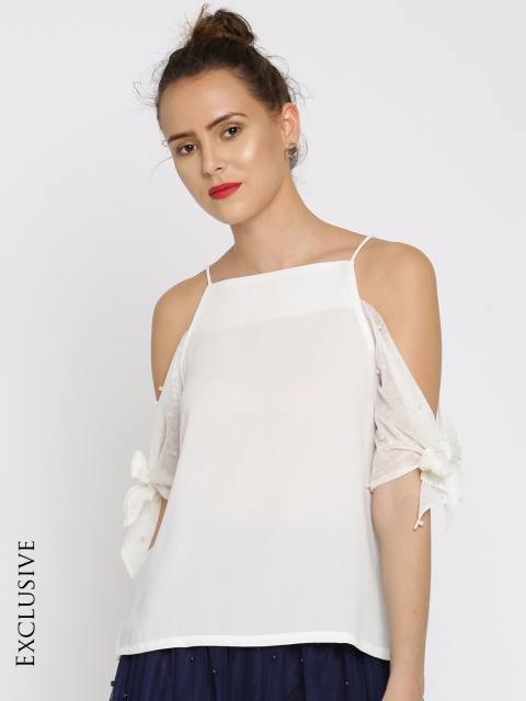 

SASSAFRAS Women Off-White Embellished Top