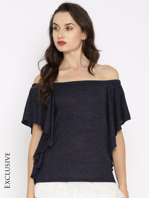 

SASSAFRAS Women Navy Self Design Bardot Top, Navy blue