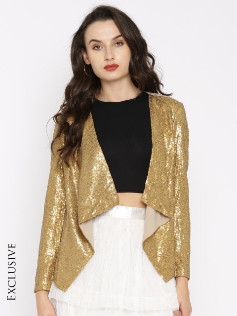

SASSAFRAS Beige & Gold-Toned Self Design Waterfall Shrug