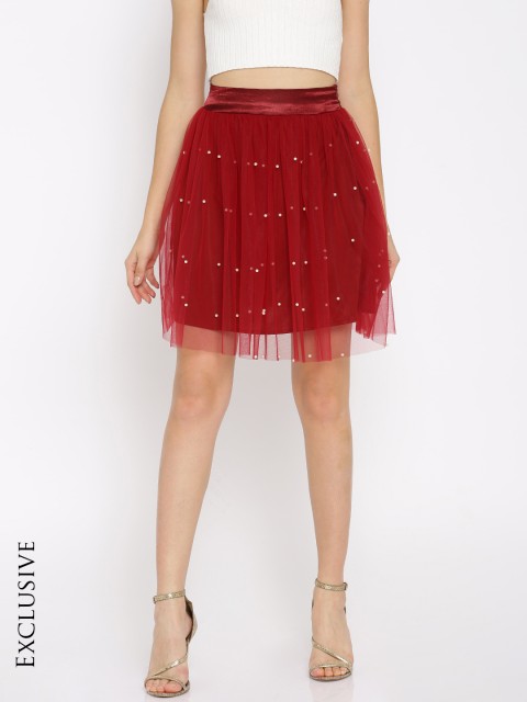 

SASSAFRAS Maroon Studded A-Line Net Skirt