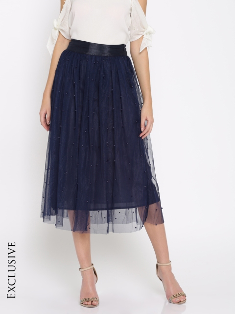 

SASSAFRAS Navy Blue Studded A-Line Midi Skirt