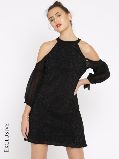 

SASSAFRAS Women Black Self Design A-Line Dress
