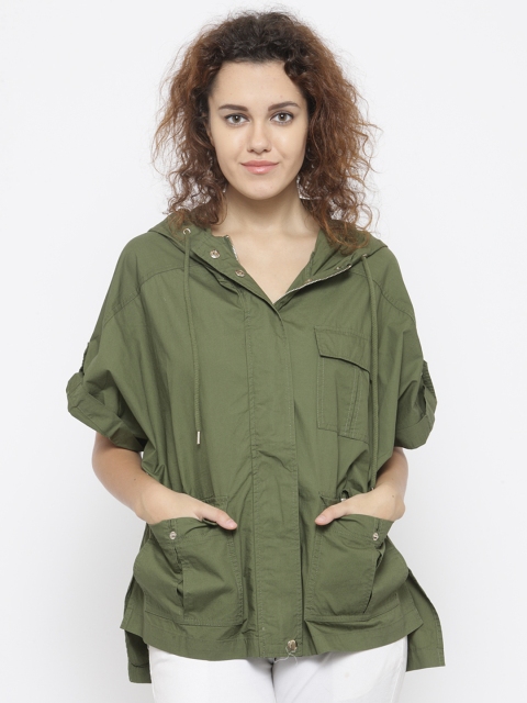 

FOREVER 21 Women Olive Green Solid Hooded Tailored Jacket