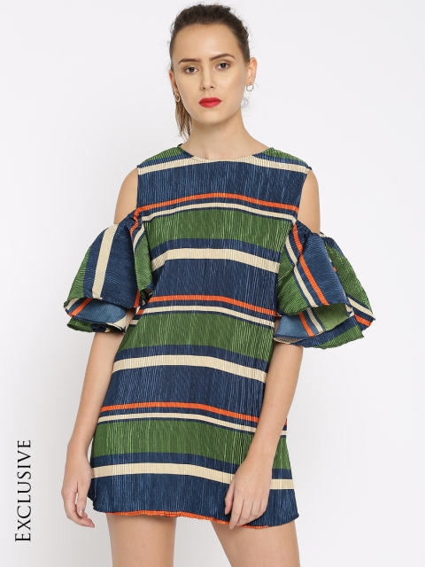 

SASSAFRAS Women Navy Striped A-Line Dress, Navy blue